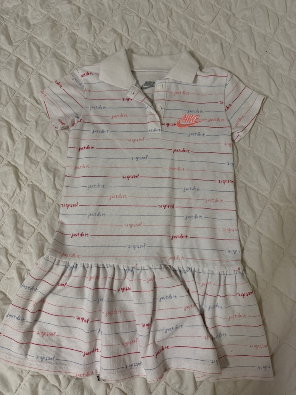 Girls Nike White Polo Dress with Pink & Blue Striped 'Just Do It' Print Size 4